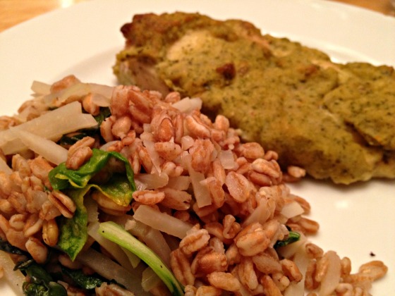 Summer CSA 2014: Hummus crusted chicken with farro, bok choy, and turnip